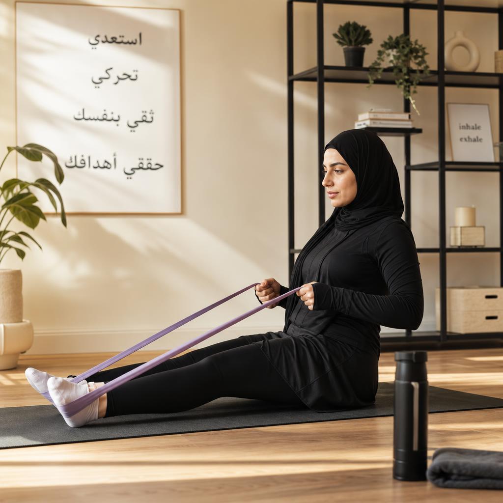 امرأة مبتدئة تؤدي تمارين شد الجسم في المنزل ضمن روتين العشرين دقيقة